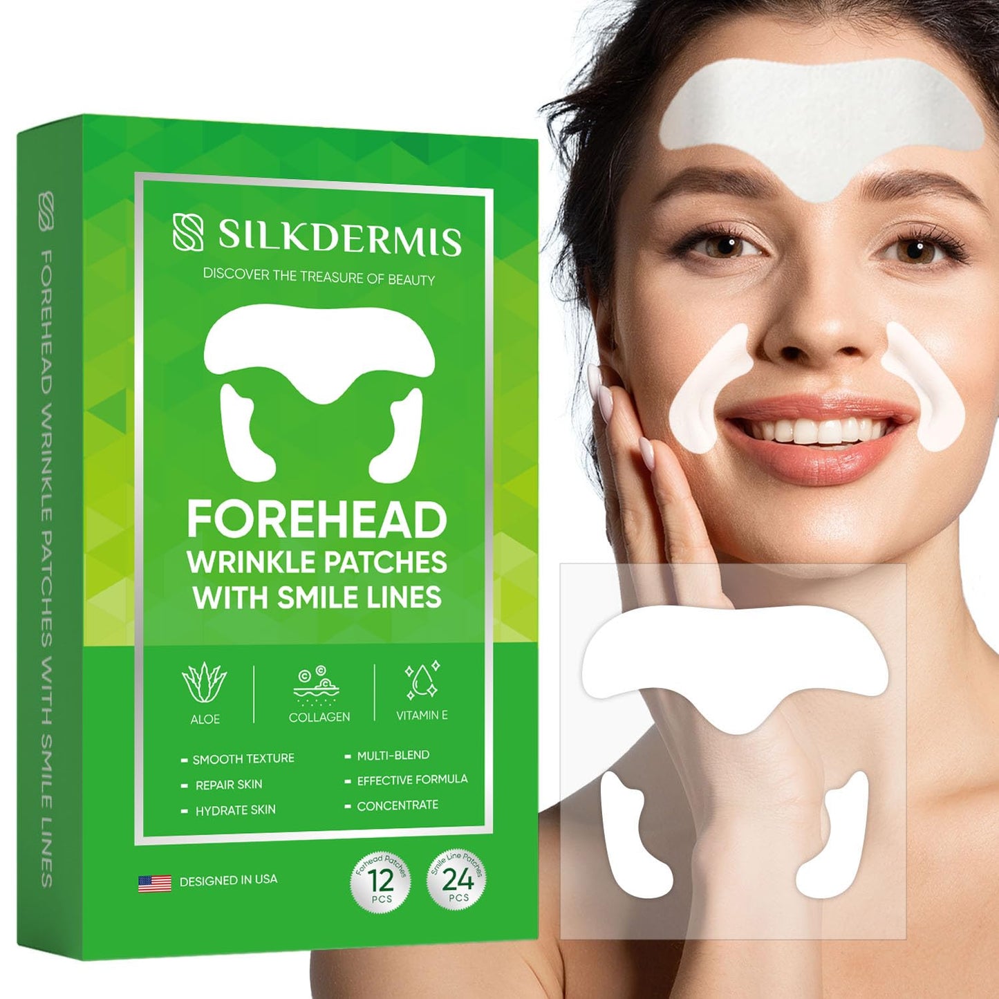 Forehead Wrinkle Patches 12Pcs with Smile Line Patches 24Pcs with Aloe, Collagen, Vitamin E, Forehead Wrinkles Treatment and Smile Lines Treatment